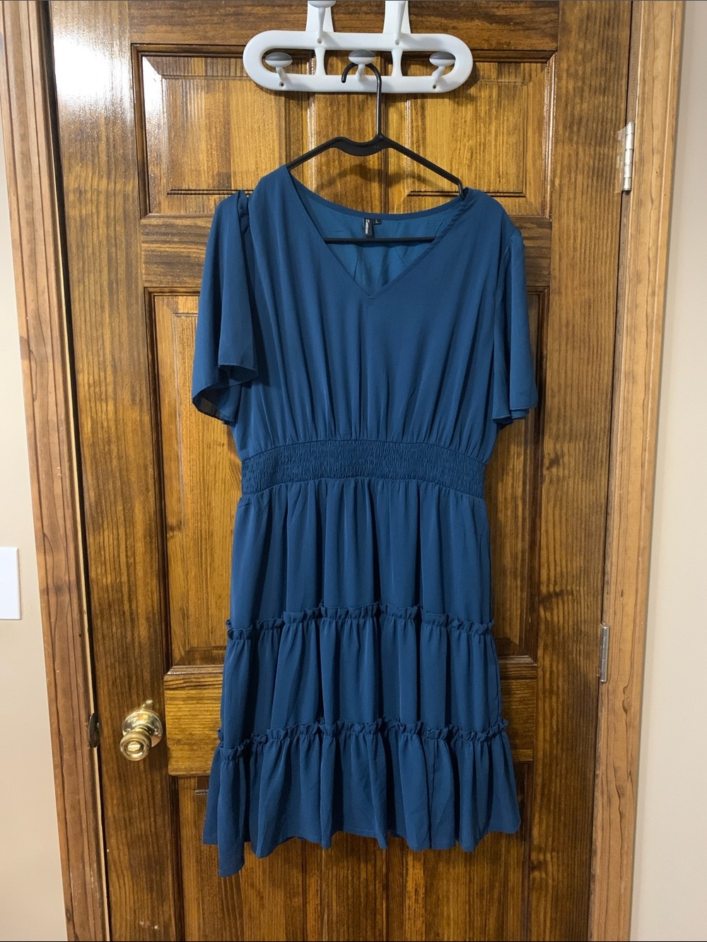 Teal V-Neck Smocked Waist Tiered Midi Dress